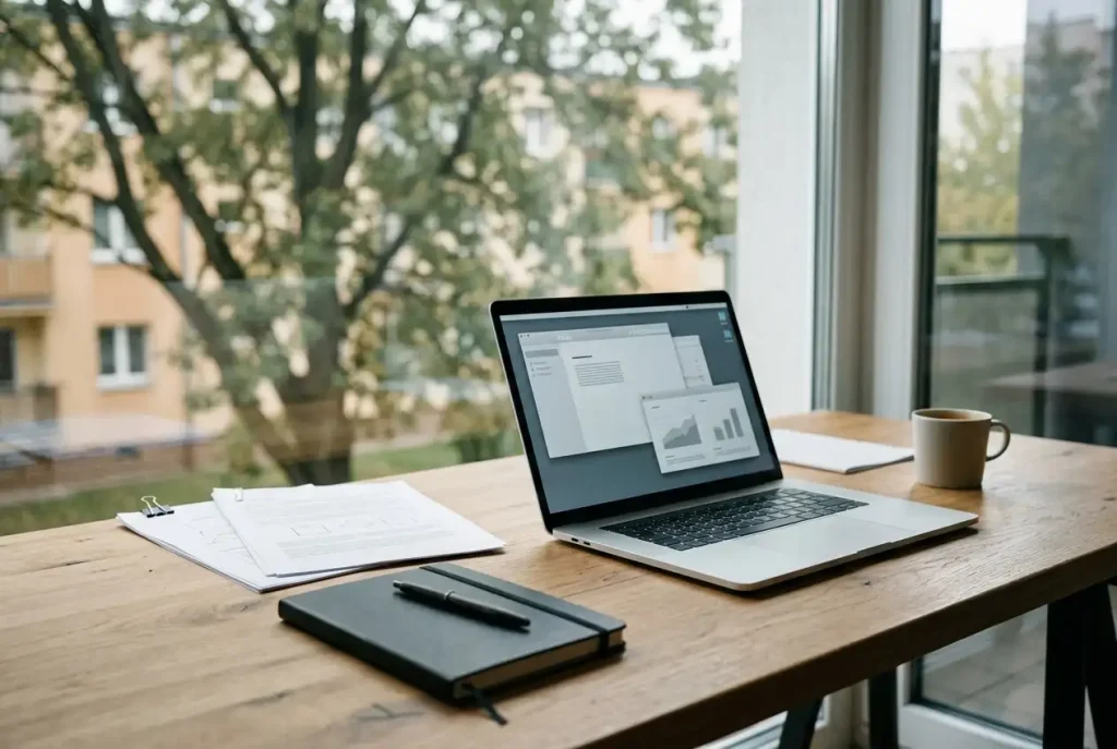Dokumenty i notes na biurku obok laptopa, szkło z odbiciem okna